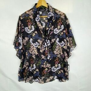 Rachel Roy Collection Women's Sz XL Black Floral Semi- Sheer Blouse Top Tie neck